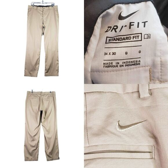 Nike Dri-Fit Golf Pants 34X30 Khaki Tan Comfort Waist Chino Pants Performance - Picture 1 of 8
